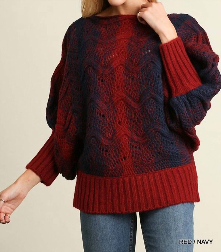 Puff Sleeve Chunky Knit Sweater - Navy And Red