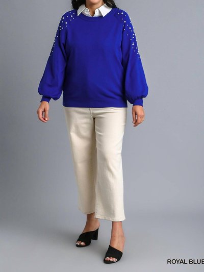 Umgee Round Neck Pullover Sweater With Long Sleeve Pearl Details In Blue product
