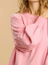Round Neck Pullover Sweater With Long Sleeve Pearl Details