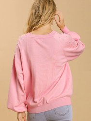 Round Neck Pullover Sweater With Long Sleeve Pearl Details