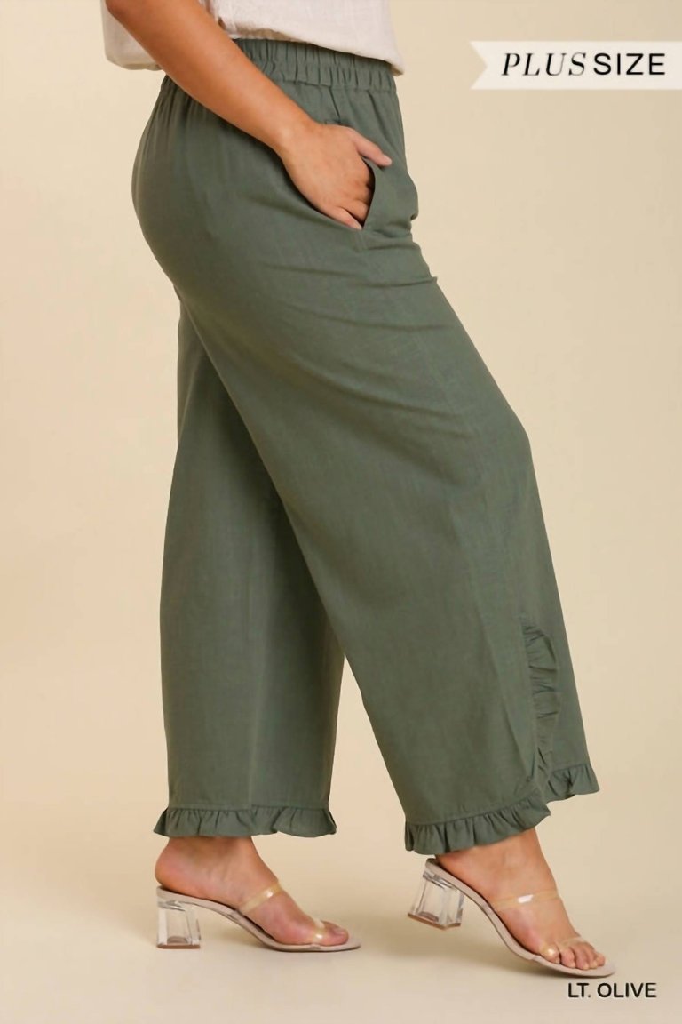 Ruffled Hem Wide Leg Pant - Olive