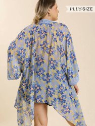 Sheer Floral Print Open Front Plus Size Kimono With Crochet Detail