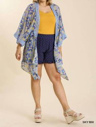 Sheer Floral Print Open Front Plus Size Kimono With Crochet Detail - Sky Mix