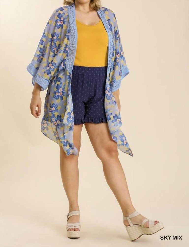 Sheer Floral Print Open Front Plus Size Kimono With Crochet Detail - Sky Mix