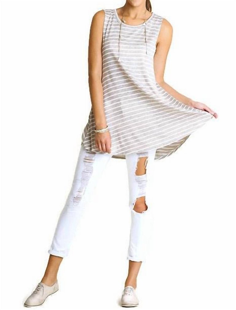 Sleeveless Low Sides Striped Tunic In Mocha And White - Mocha And White