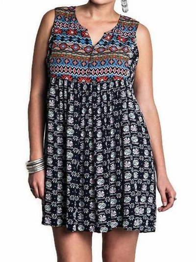Umgee Sleeveless Printed Peasant Dress In Navy Mix product