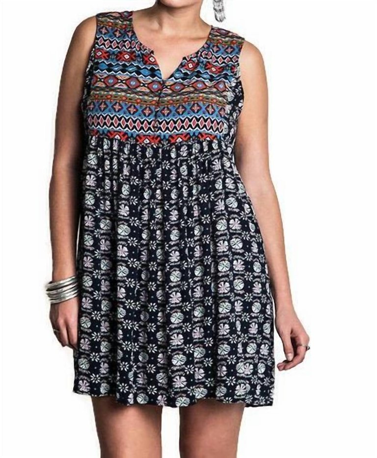 Sleeveless Printed Peasant Dress In Navy Mix - Navy Mix