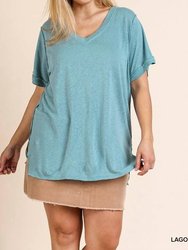 Slub Knit Linen Gathered Cuff Plus Tunic Tee - Lagoon