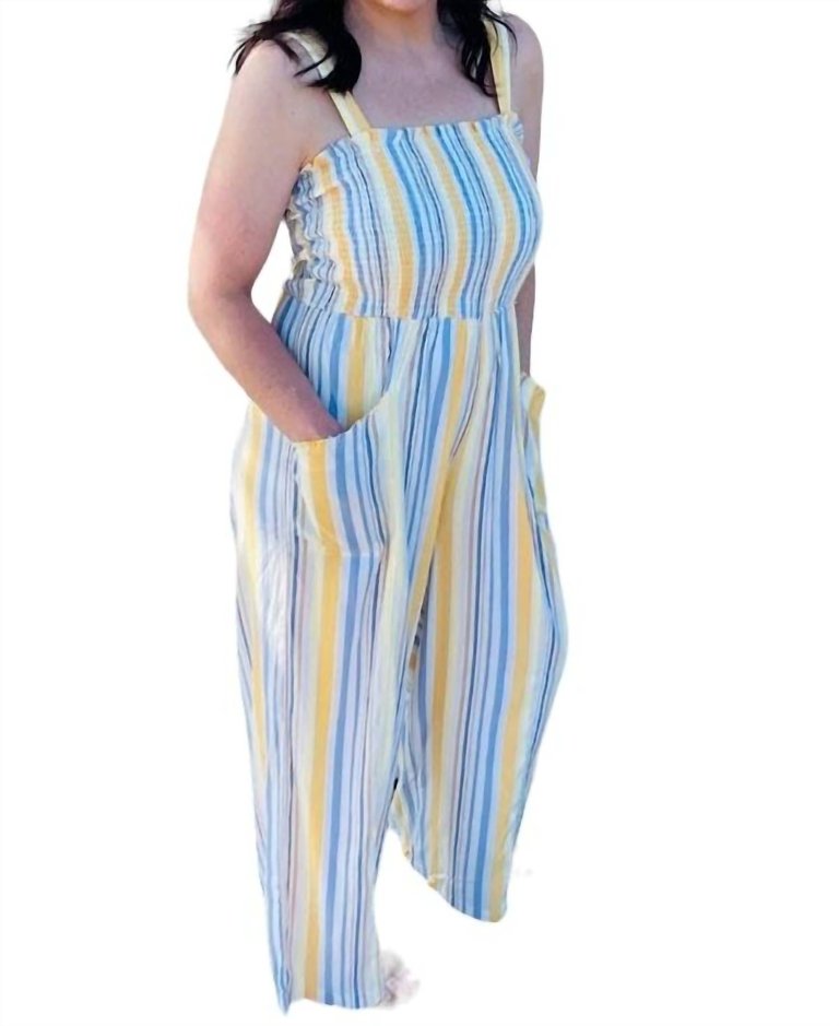 Smocked Jumpsuit In Yellow And Blue Stripes - Yellow And Blue Stripes