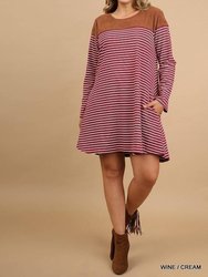 Stripe Plus Dress With Suede Shoulders And Elbow Patch - Wine/Brown