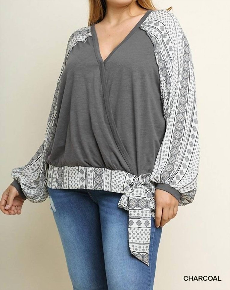 Surplice Printed Puff Sleeves Plus Top - Charcoal