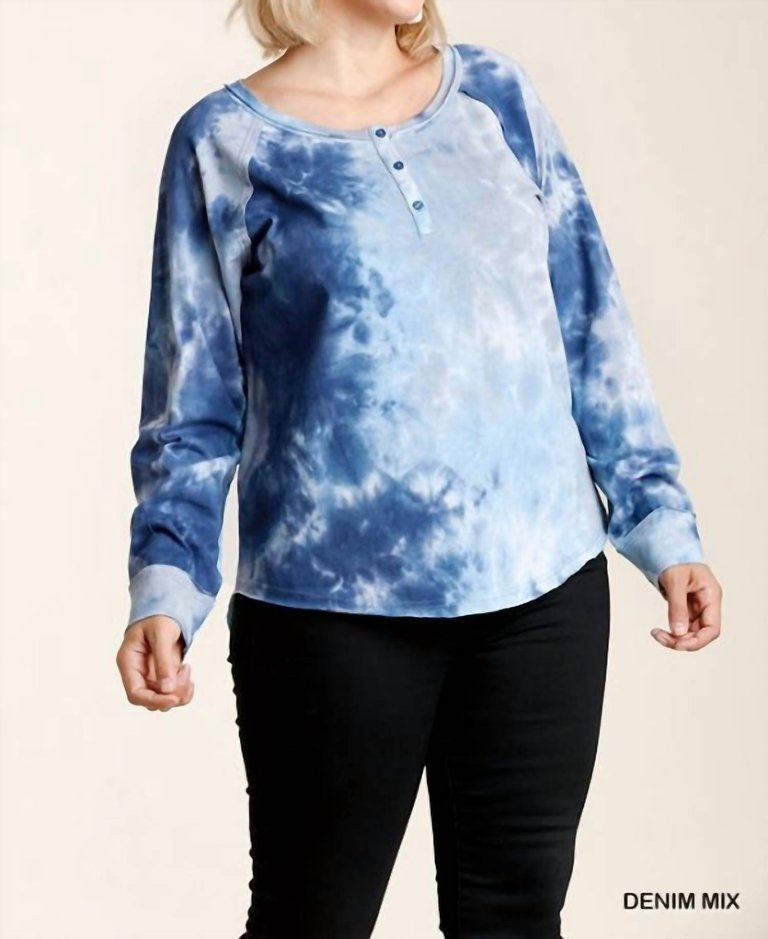 Tie Dye Button Front Raglan Sleeve Top With Raw Hem In Denim - Denim