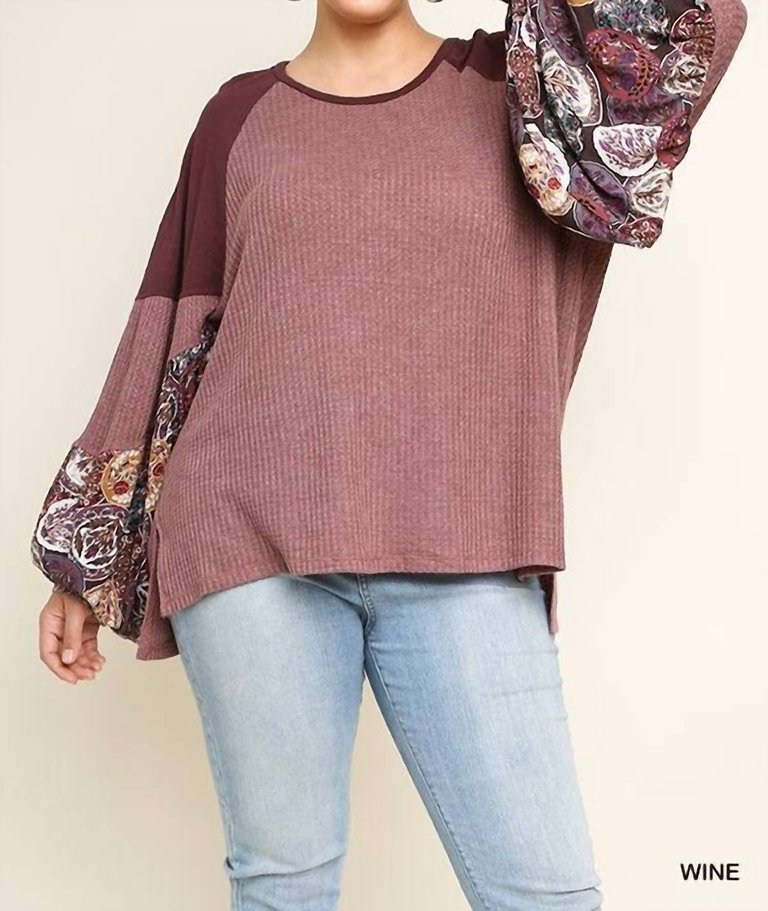 Waffle Knit Long Sleeve Floral Print Top - Wine