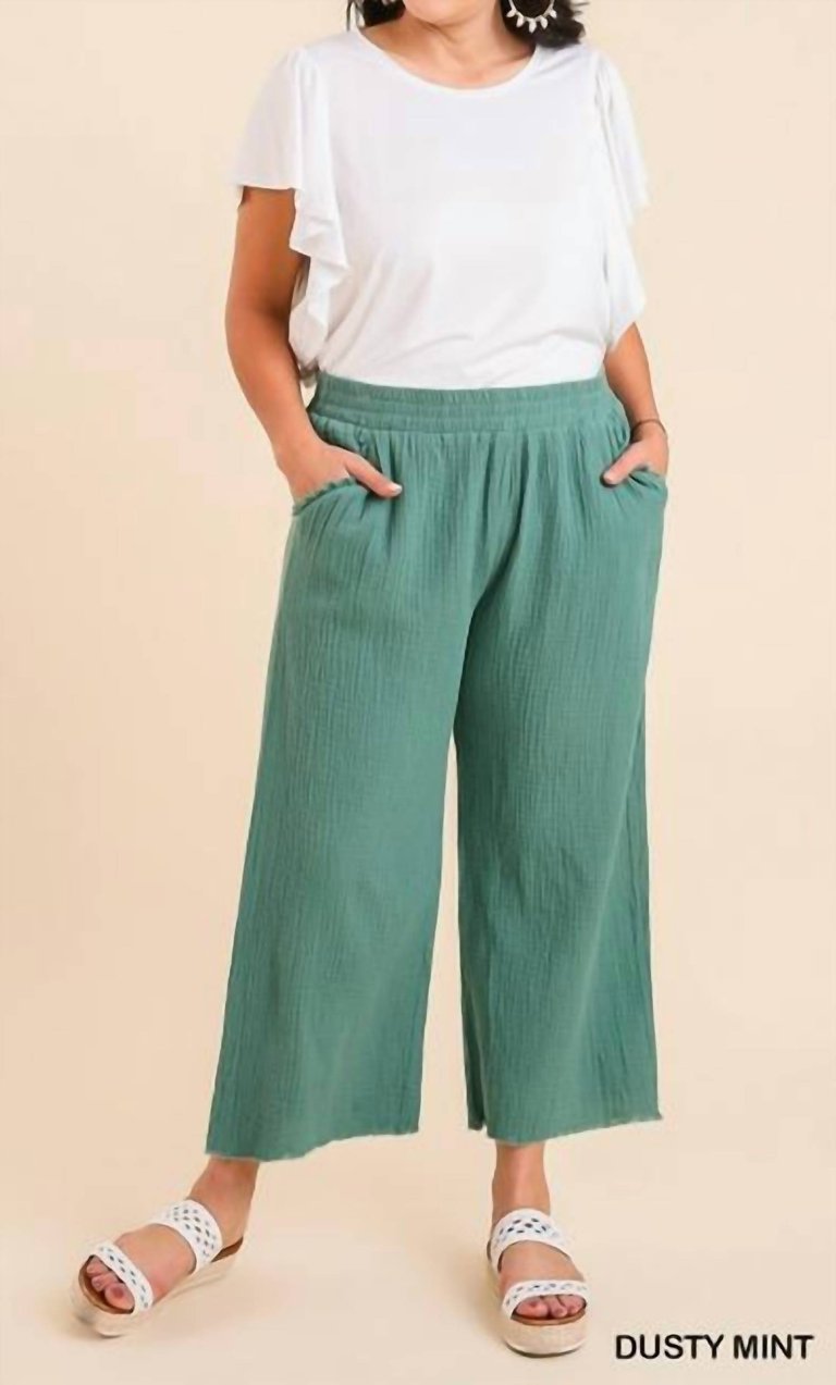 Wide Leg Pants With Fray - Plus - Dusty Mint