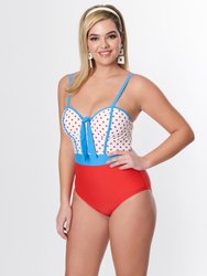 Nautical Red Pin Dot & Blue Bow Clemente Swimsuit - Red/Blue
