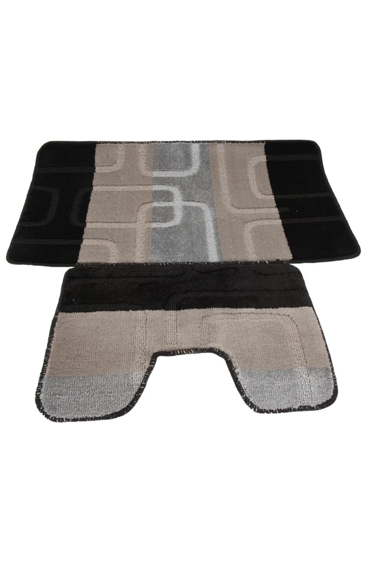 2 Piece Square Design Bath Mat And Pedestal Mat Set - Black/Grey