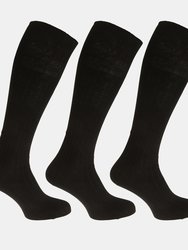 Mens 100% Cotton Ribbed Knee High Socks (Pack Of 3) (Black) - Black