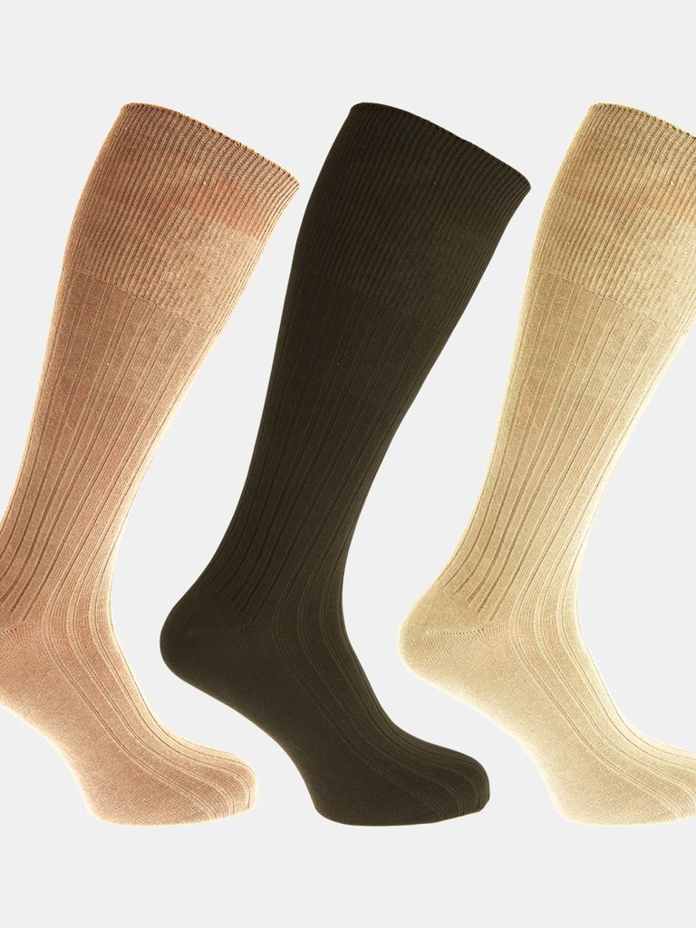 Mens 100% Cotton Ribbed Knee High Socks (Pack Of 3) (Shades Of Brown) - Shades Of Brown