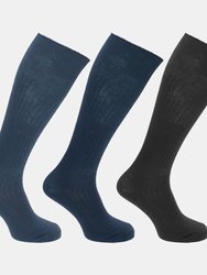 Mens 100% Cotton Ribbed Knee High Socks (Pack Of 3) - Blue/Black/Navy