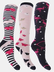 Womens/Ladies Hyperwarm Long Welly Socks (3 Pairs) (Flamingo/Butterfly/Butterflies) - Flamingo/Butterfly/Butterflies