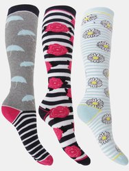 Womens/Ladies Hyperwarm Long Welly Socks (3 Pairs) (Rose/Daisy/Umbrella) - Rose/Daisy/Umbrella