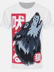Mens Wolf Tattoo T-Shirt - White/Blue/Red - White/Blue/Red