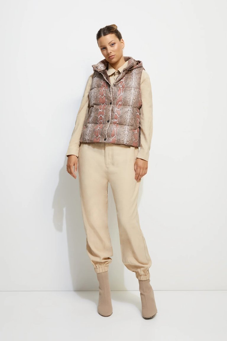 Python Puffer Vest - Taupe Pink Snake