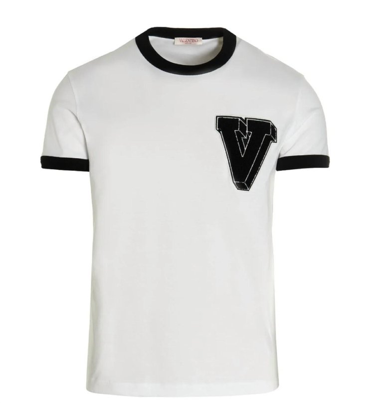 V Logo Trim Short Sleeve Crew Neck T-Shirt In White - White