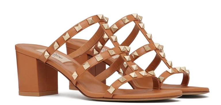 Valentino Garavani Women's Rockstud 60mm Leather Sandals, Cognac