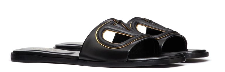 Women's VLogo Cut-Out Leather Slides - Black