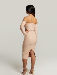 Bella Off The Shoulder Long Sleeve Dress In Nude