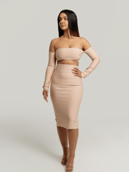 Bella Off The Shoulder Long Sleeve Dress In Nude - Brown