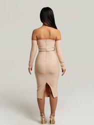 Bella Off The Shoulder Long Sleeve Dress In Nude