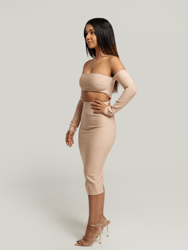 Bella Off The Shoulder Long Sleeve Dress In Nude