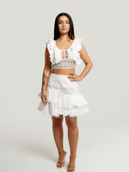 Kristy Asymmetrical Embroidered Ruffle Skirt In White - White