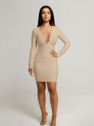 Mariah Deep-V Chain Long Sleeve Dress In Nude - Nude