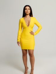 Mariah Deep-V Chain Long Sleeve Dress In Yellow - Yellow