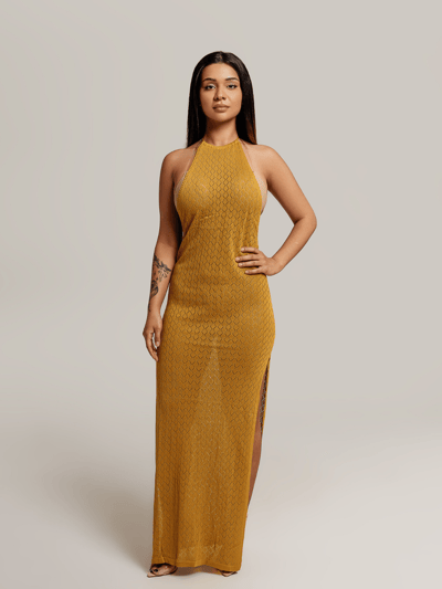 Vanity Couture Selena Textured Knit Backless Cover Up Dress In Mustard Yellow product