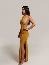 Selena Textured Knit Backless Cover Up Dress In Mustard Yellow