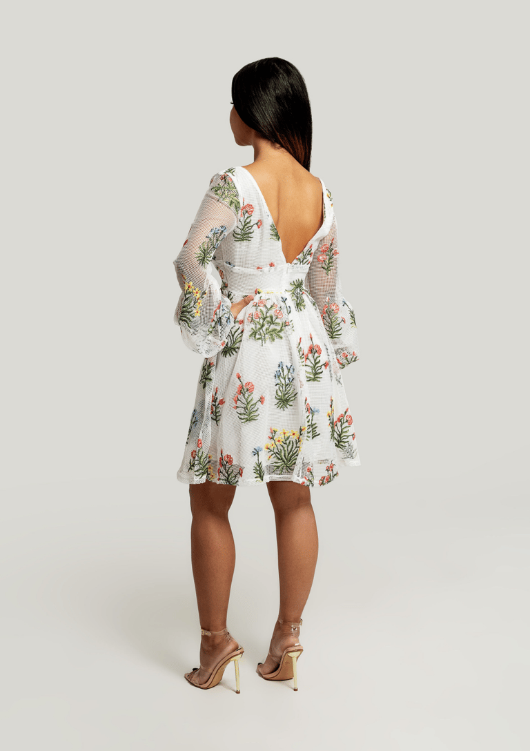 Tabatha White Netted Dress With Floral Embroidery
