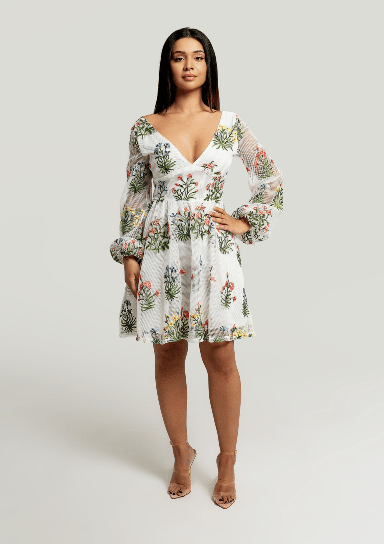 Tabatha White Netted Dress With Floral Embroidery - White