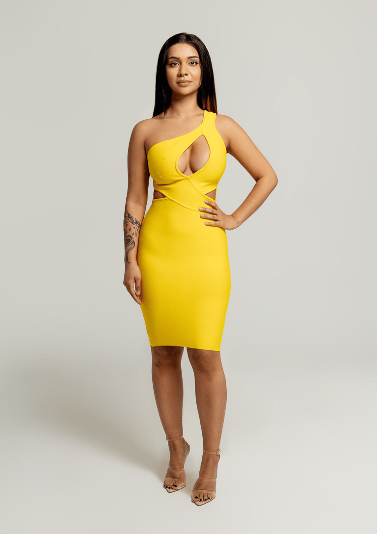 Tyla Asymmetrical Keyhole Cut Out Dress In Yellow - Yellow