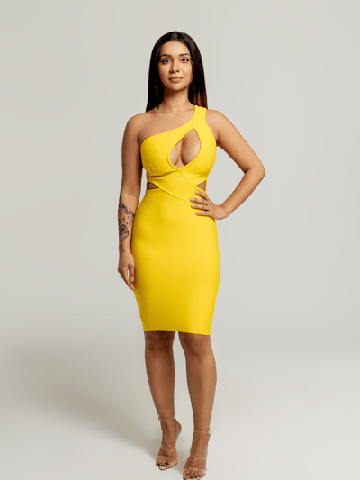 Vanity Couture Tyla Asymmetrical Keyhole Cut Out Dress In Yellow product