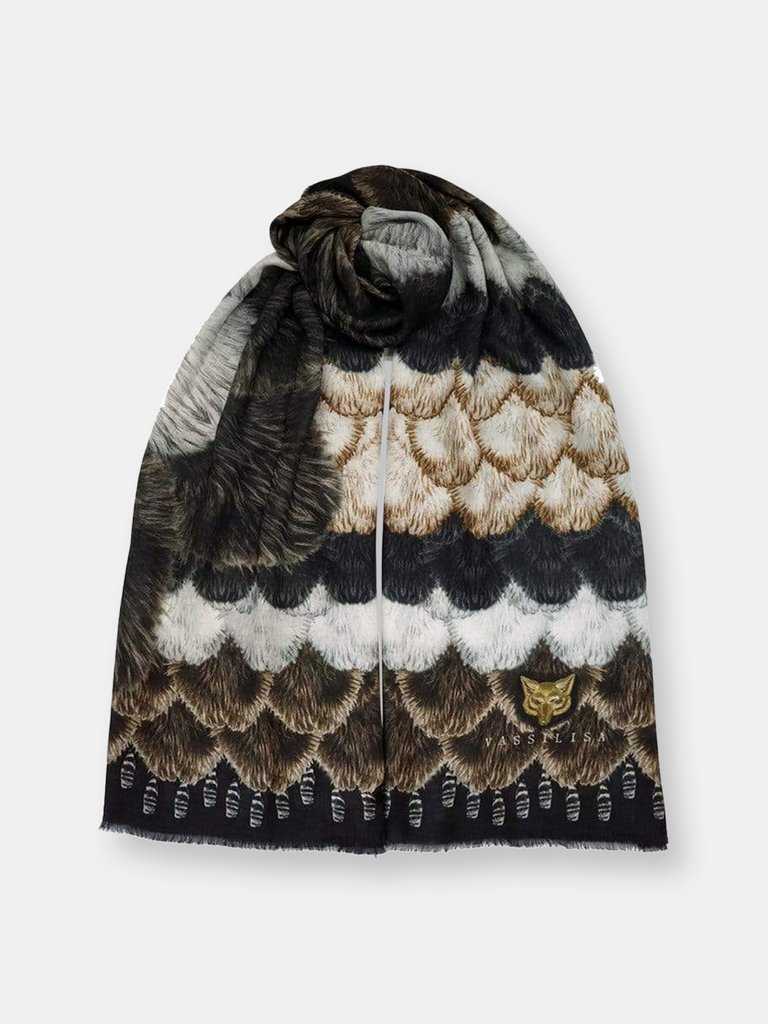 Vassilisa Scarf In Brown, Black And White Colours:  Fur Camelia Print, Xl - Fur Camelia Print