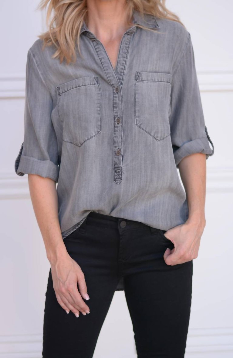 Ava 3/4 Button Up Blouse In Grey - Grey