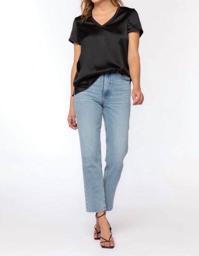 Short Sleeve Satin Tee In Black - Black