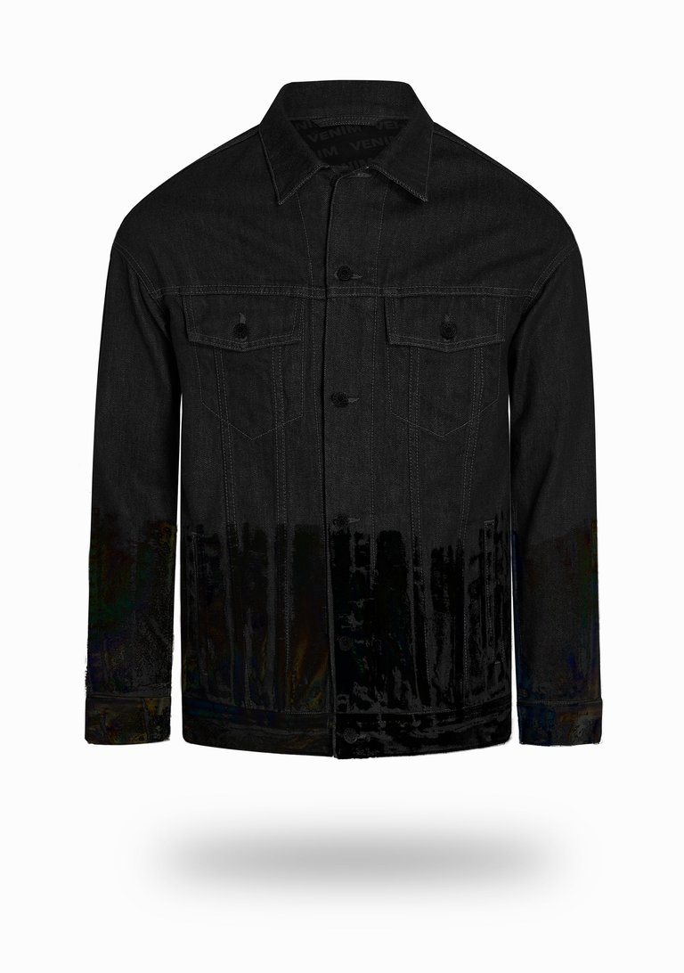 Longer Classic Black Denim Jacket with Midnight Oil Foil - Classic Black Denim