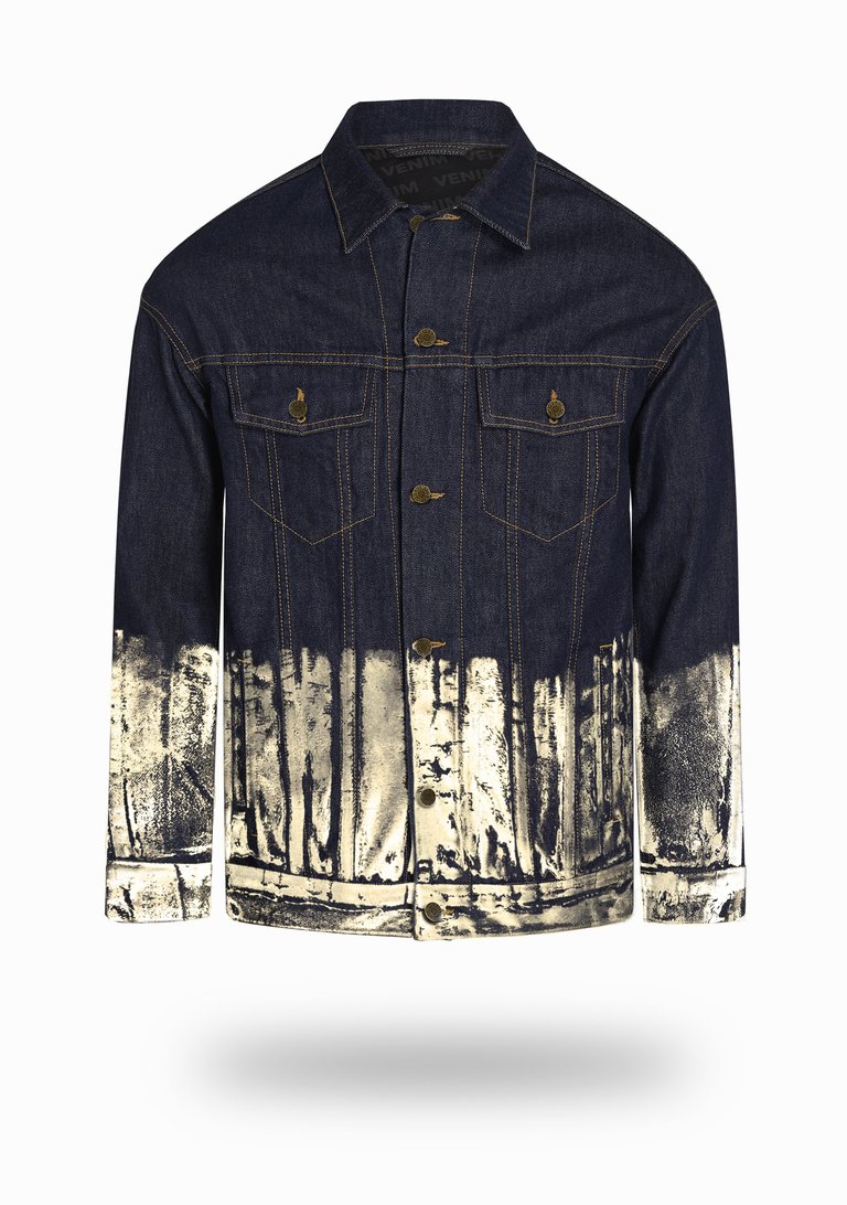 Longer Indigo Denim Jacket with Champagne Gold Foil - Indigo Denim