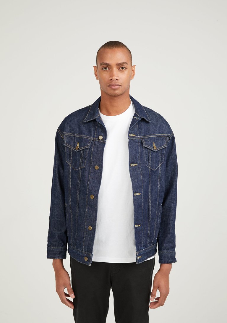 Longer Indigo Denim Jacket with Champagne Gold Foil