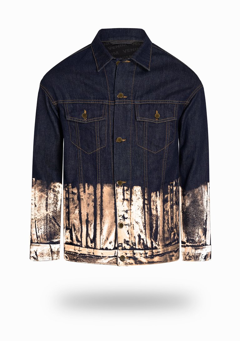 Longer Indigo Denim Jacket with Rose Gold Foil - Indigo Denim